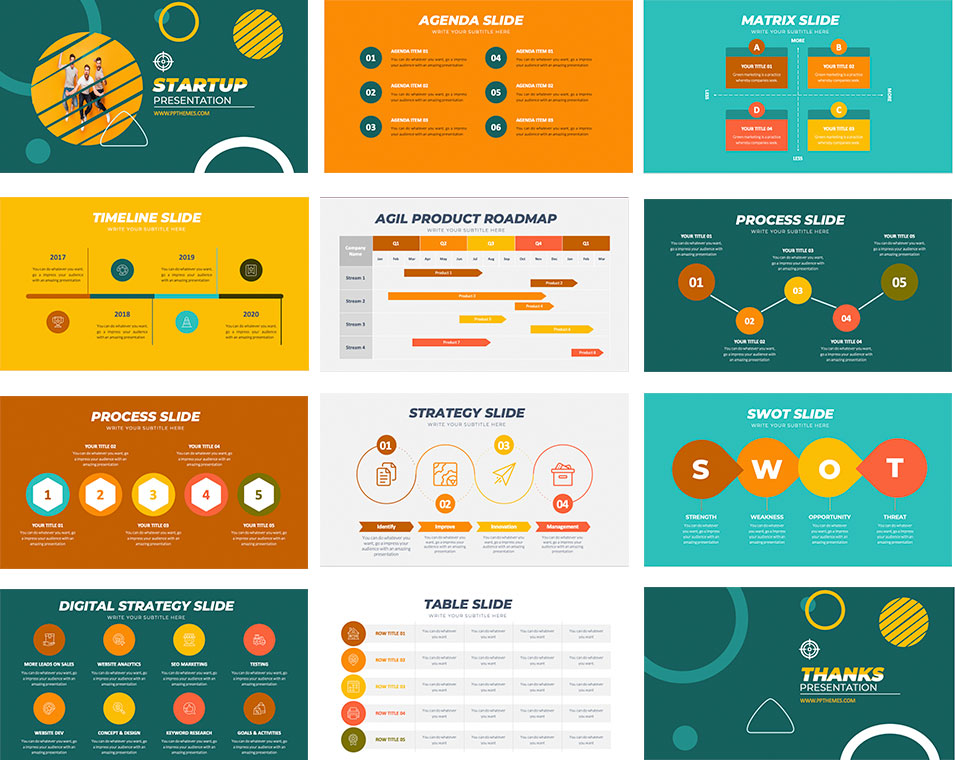 start up template presentation with infographics in powerpoint