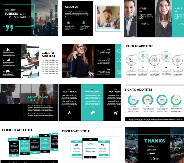 Black free powerpoint template for business with square screenshots